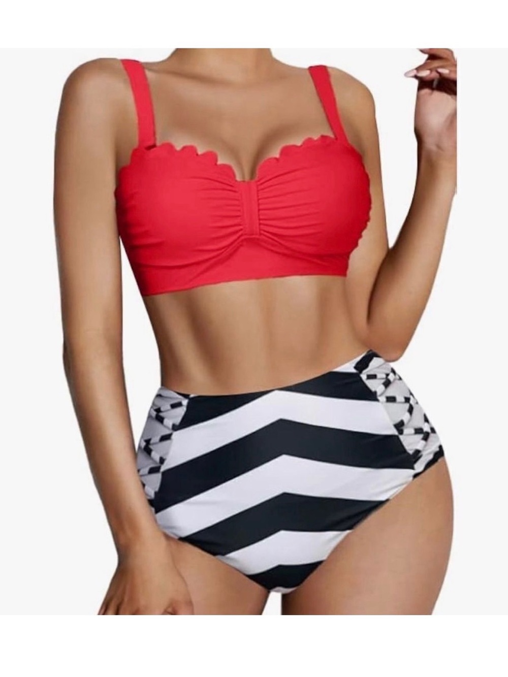 Red Scallop Trim Bikini Top with High-Waist Chevron Bottom